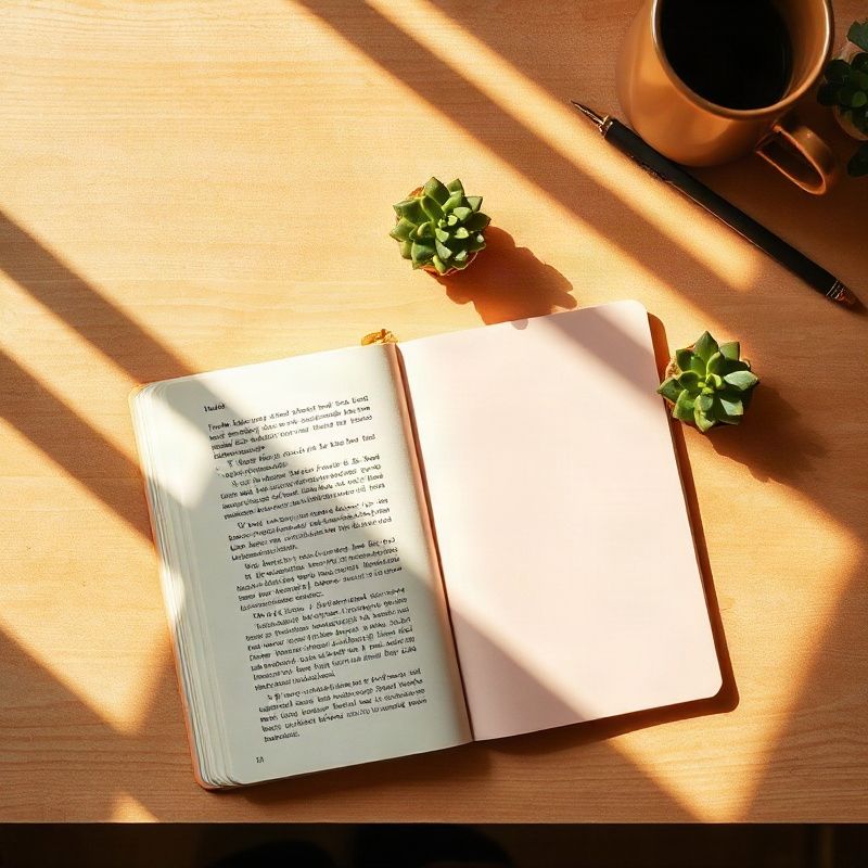 Editorial flat-lay of a writing desk with notebook and succulent