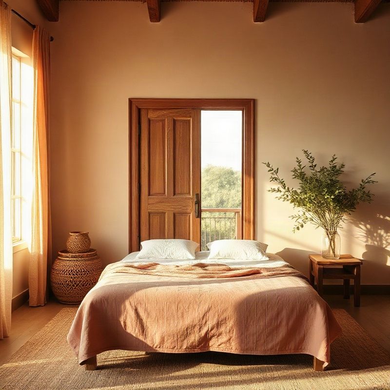 Bedroom arranged in the commanding position with rose-warm blush tones