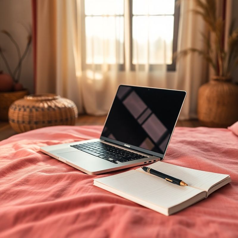 Open laptop and handwritten notes on a rose-warm linen surface