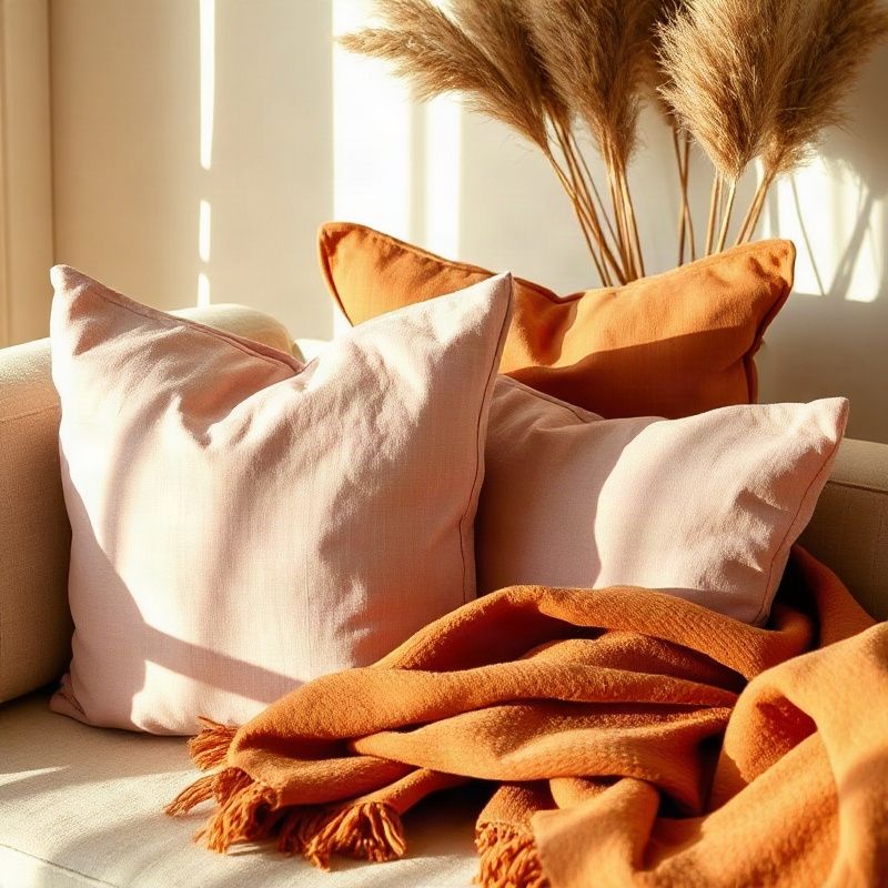 Blush linen cushions and warm textiles in a Malindi interior