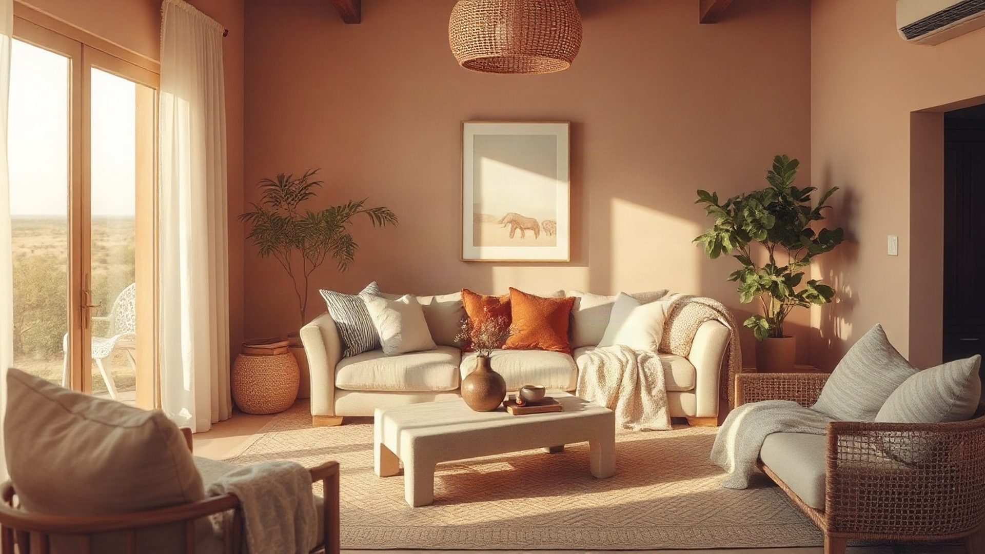 Coastal Kenyan living room bathed in golden equatorial light
